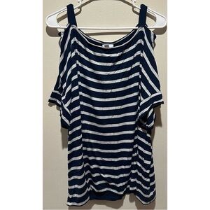 Sunday‎ Women’s Navy and White Striped Cold Shoulder Top Size 2X